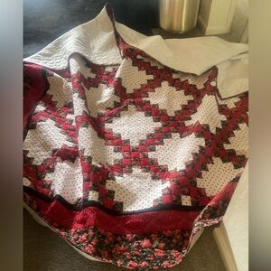 Vintage Hand made Queen Quilt cotton red ivory berries dots red texas